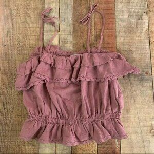 American Eagle Outfitters Women Size M Pink Ruffled Crop Cami Top Linen Cotton